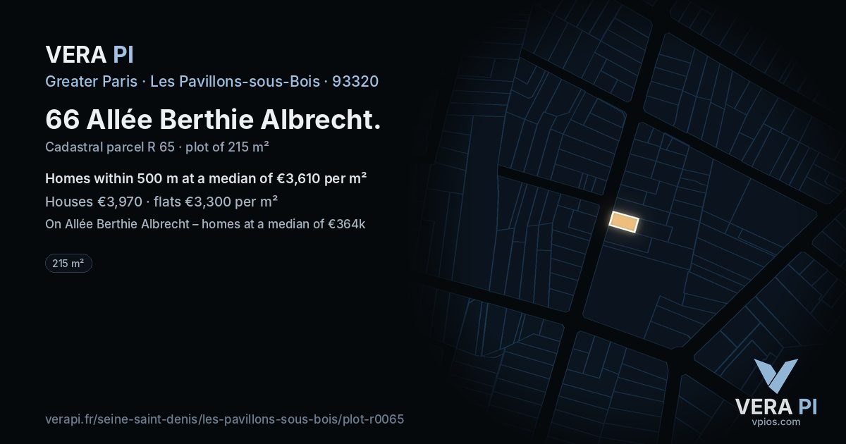66 Allée Berthie Albrecht, Les Pavillons-sous-Bois at night – the plot lit, the parcels around coloured by the prices near them