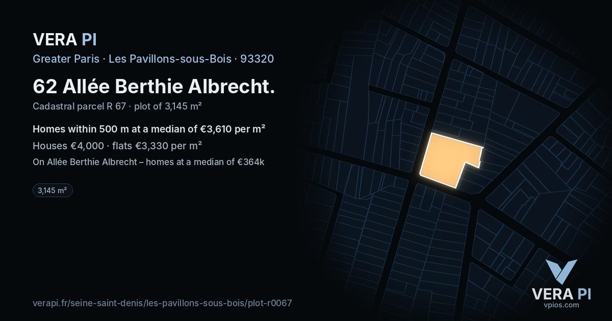 62 Allée Berthie Albrecht, Les Pavillons-sous-Bois at night – the plot lit, the parcels around coloured by the prices near them
