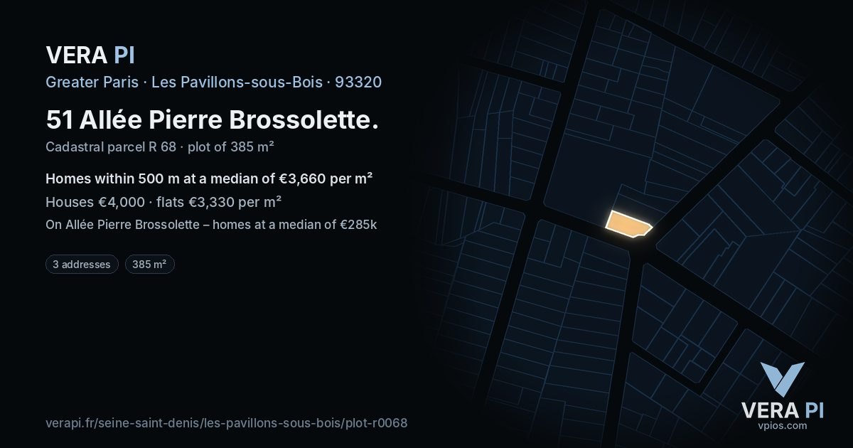 51 Allée Pierre Brossolette, Les Pavillons-sous-Bois at night – the plot lit, the parcels around coloured by the prices near them