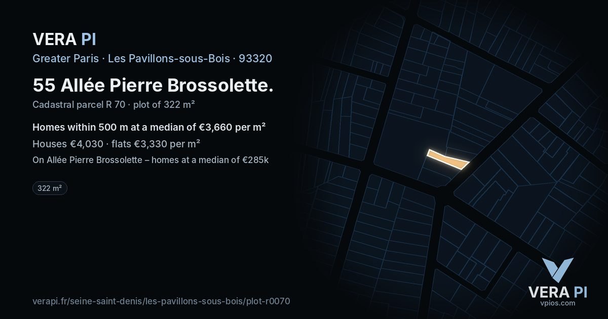 55 Allée Pierre Brossolette, Les Pavillons-sous-Bois at night – the plot lit, the parcels around coloured by the prices near them