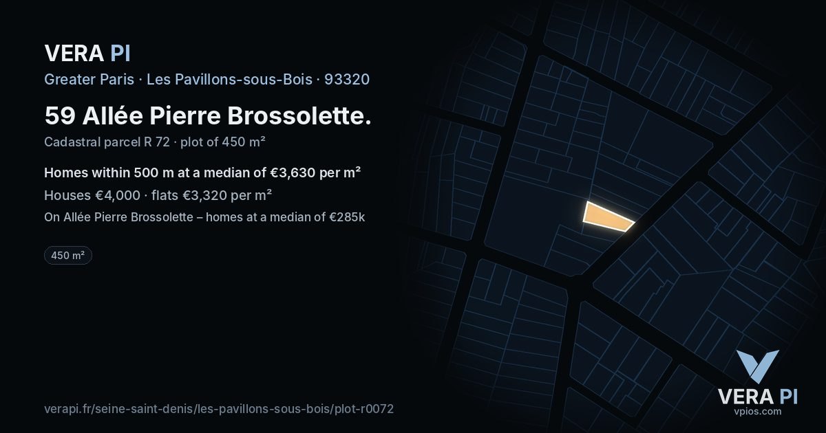 59 Allée Pierre Brossolette, Les Pavillons-sous-Bois at night – the plot lit, the parcels around coloured by the prices near them