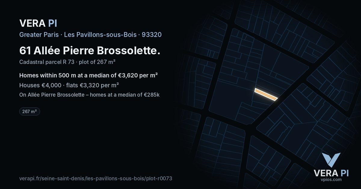 61 Allée Pierre Brossolette, Les Pavillons-sous-Bois at night – the plot lit, the parcels around coloured by the prices near them