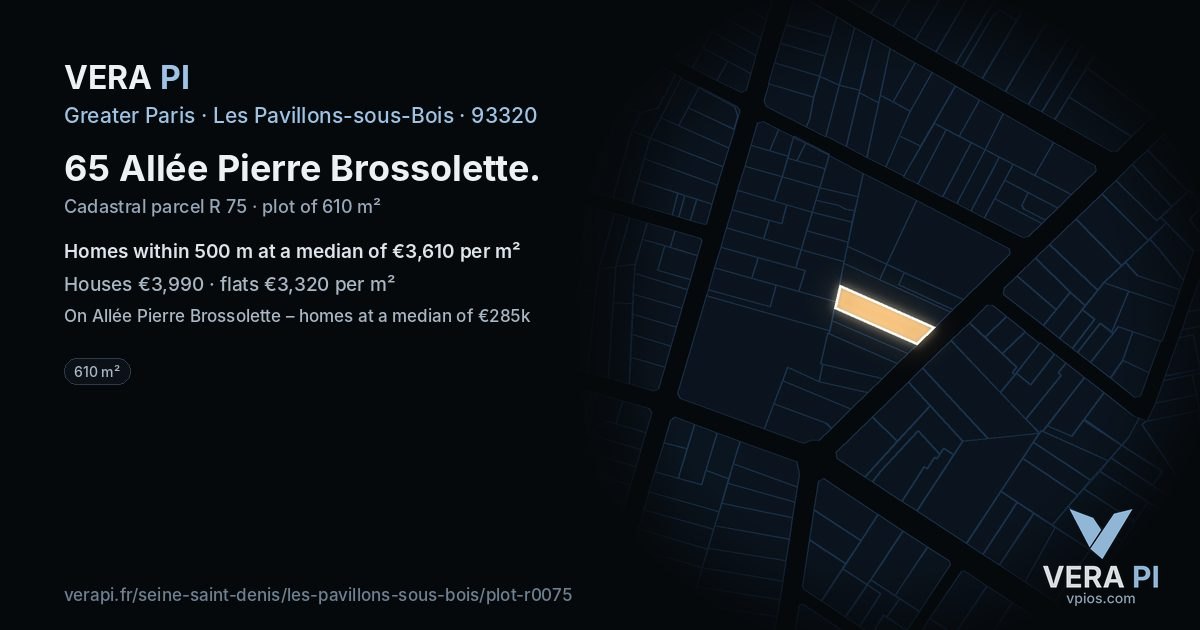 65 Allée Pierre Brossolette, Les Pavillons-sous-Bois at night – the plot lit, the parcels around coloured by the prices near them