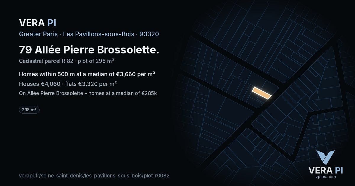 79 Allée Pierre Brossolette, Les Pavillons-sous-Bois at night – the plot lit, the parcels around coloured by the prices near them
