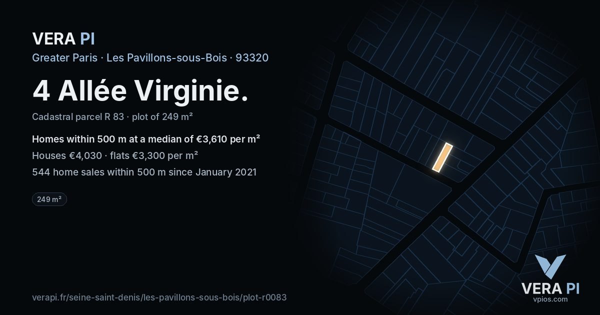 4 Allée Virginie, Les Pavillons-sous-Bois at night – the plot lit, the parcels around coloured by the prices near them