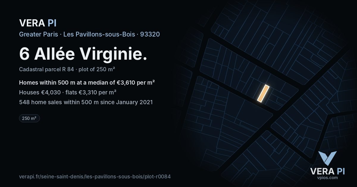 6 Allée Virginie, Les Pavillons-sous-Bois at night – the plot lit, the parcels around coloured by the prices near them