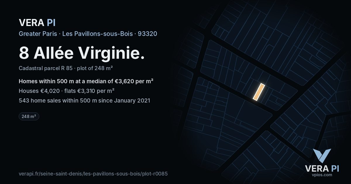 8 Allée Virginie, Les Pavillons-sous-Bois at night – the plot lit, the parcels around coloured by the prices near them