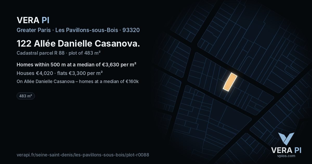 122 Allée Danielle Casanova, Les Pavillons-sous-Bois at night – the plot lit, the parcels around coloured by the prices near them