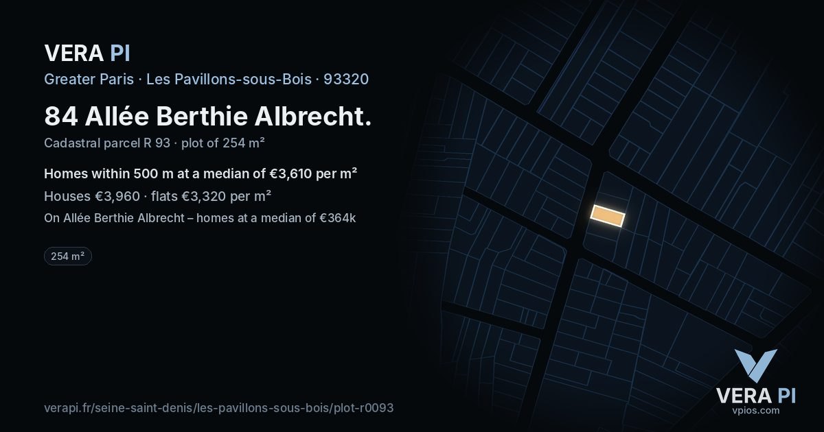 84 Allée Berthie Albrecht, Les Pavillons-sous-Bois at night – the plot lit, the parcels around coloured by the prices near them