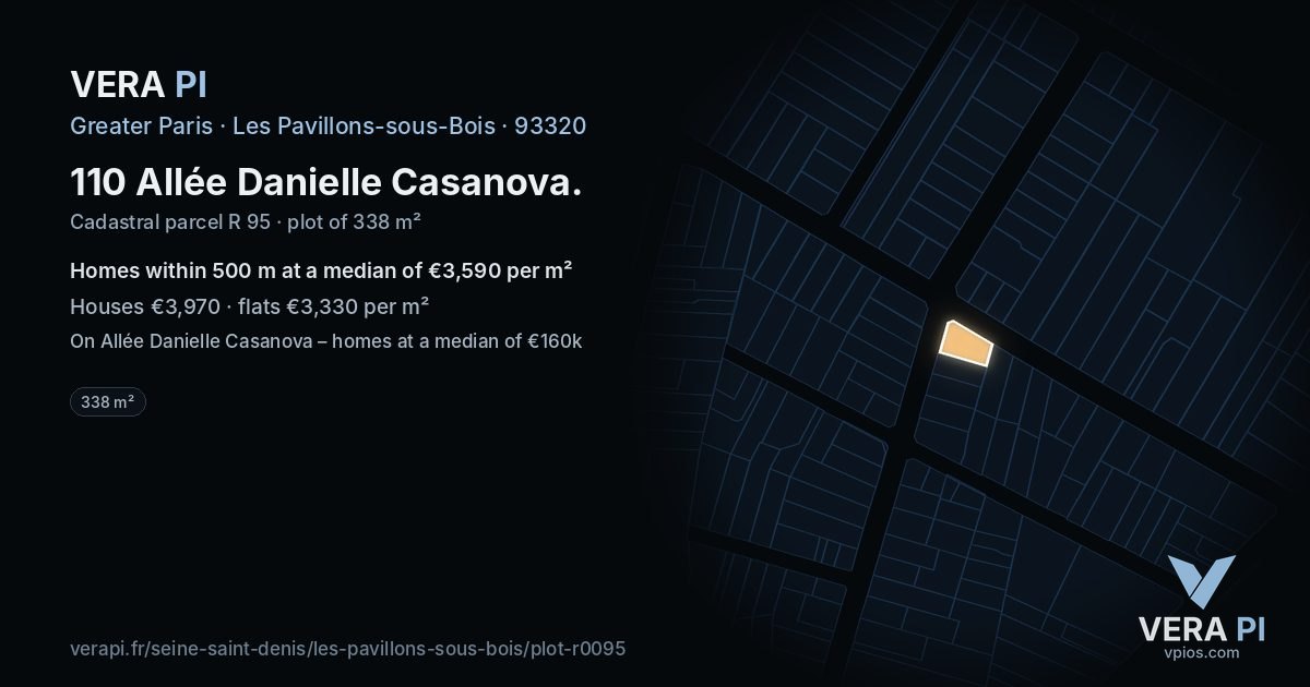 110 Allée Danielle Casanova, Les Pavillons-sous-Bois at night – the plot lit, the parcels around coloured by the prices near them