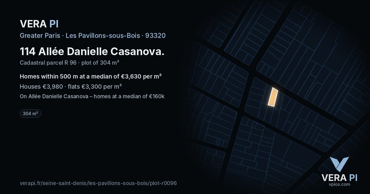 114 Allée Danielle Casanova, Les Pavillons-sous-Bois at night – the plot lit, the parcels around coloured by the prices near them
