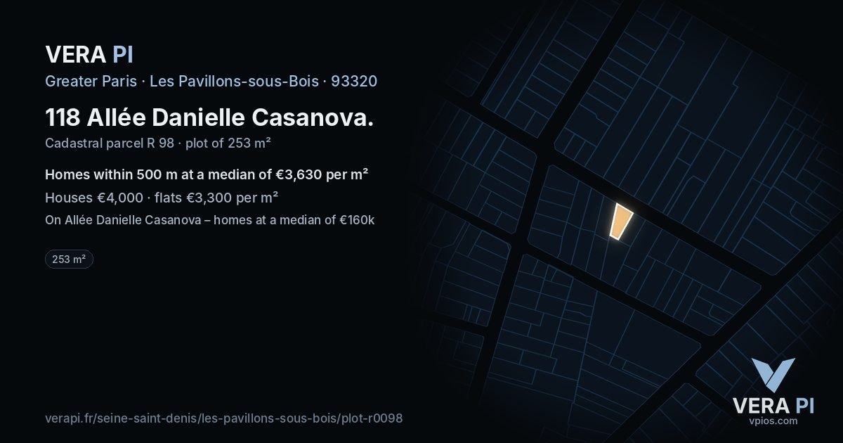 118 Allée Danielle Casanova, Les Pavillons-sous-Bois at night – the plot lit, the parcels around coloured by the prices near them