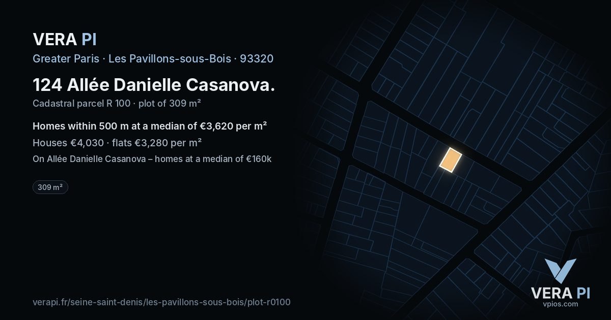 124 Allée Danielle Casanova, Les Pavillons-sous-Bois at night – the plot lit, the parcels around coloured by the prices near them