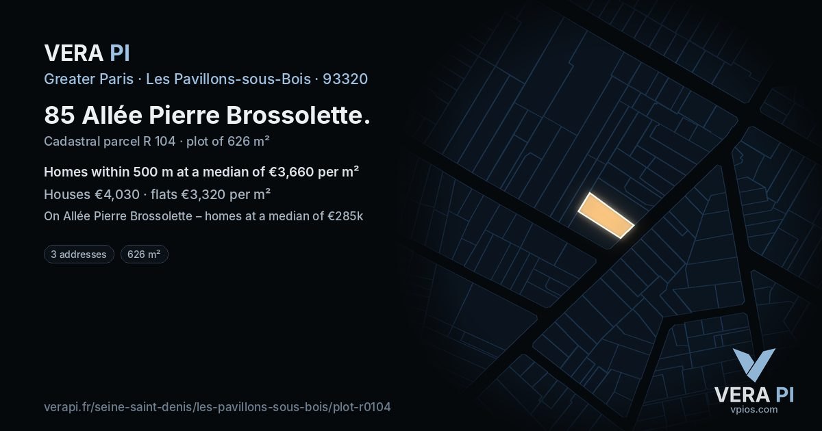 85 Allée Pierre Brossolette, Les Pavillons-sous-Bois at night – the plot lit, the parcels around coloured by the prices near them