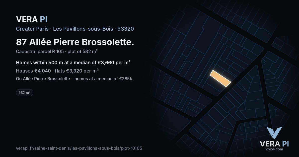 87 Allée Pierre Brossolette, Les Pavillons-sous-Bois at night – the plot lit, the parcels around coloured by the prices near them