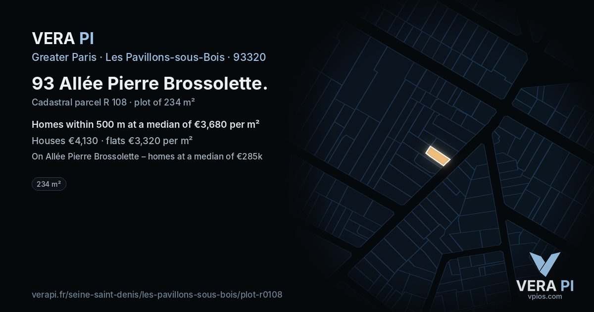 93 Allée Pierre Brossolette, Les Pavillons-sous-Bois at night – the plot lit, the parcels around coloured by the prices near them