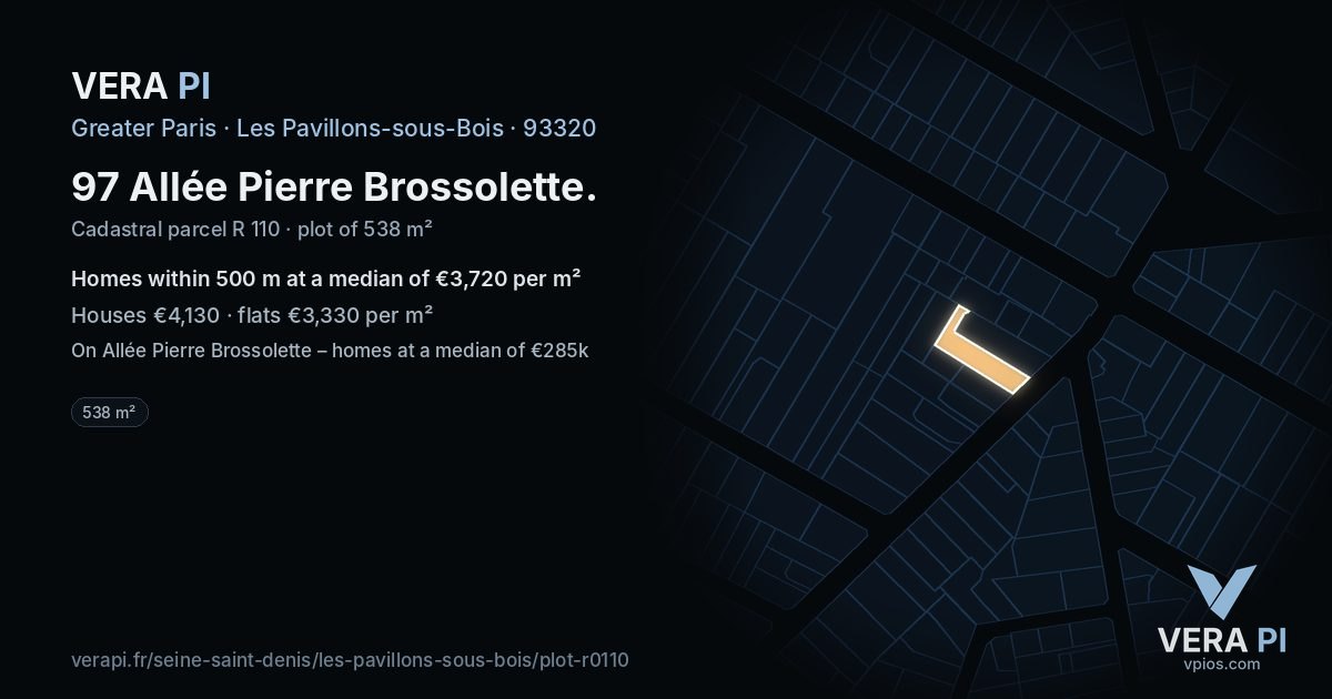 97 Allée Pierre Brossolette, Les Pavillons-sous-Bois at night – the plot lit, the parcels around coloured by the prices near them