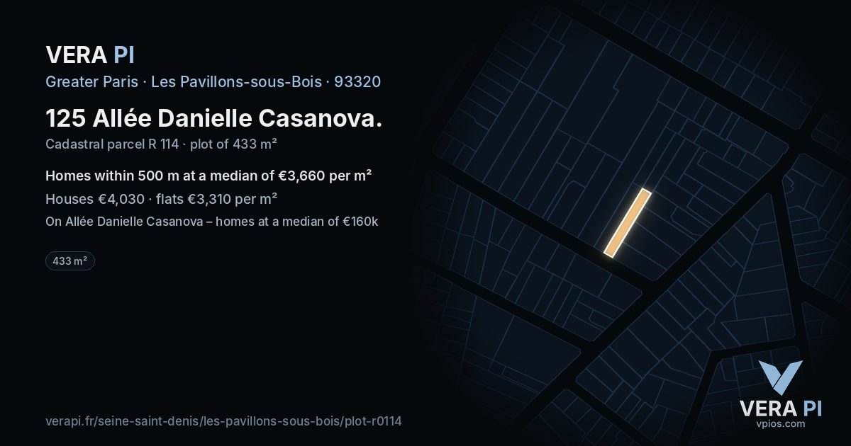125 Allée Danielle Casanova, Les Pavillons-sous-Bois at night – the plot lit, the parcels around coloured by the prices near them
