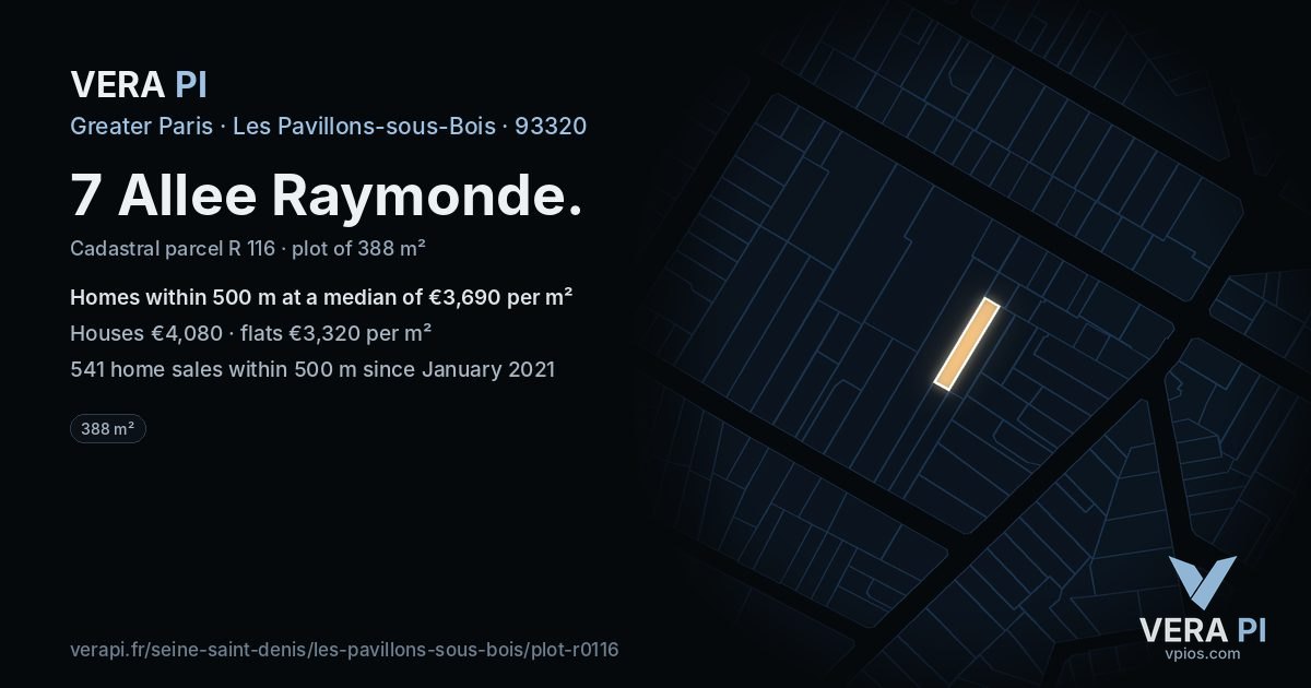 7 Allee Raymonde, Les Pavillons-sous-Bois at night – the plot lit, the parcels around coloured by the prices near them