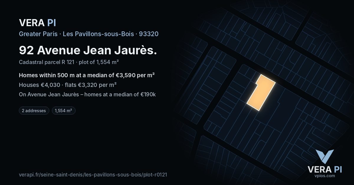 92 Avenue Jean Jaurès, Les Pavillons-sous-Bois at night – the plot lit, the parcels around coloured by the prices near them