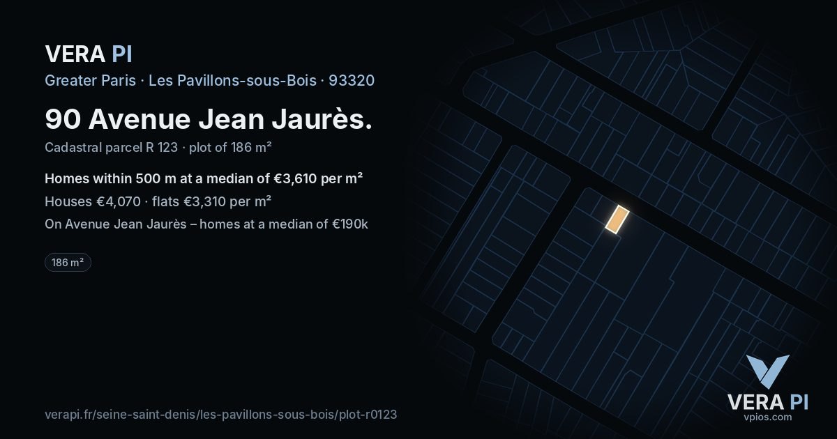 90 Avenue Jean Jaurès, Les Pavillons-sous-Bois at night – the plot lit, the parcels around coloured by the prices near them