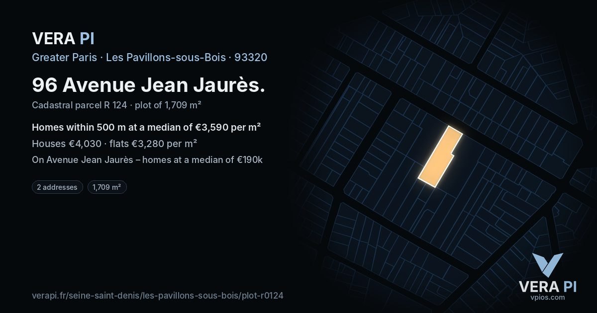 96 Avenue Jean Jaurès, Les Pavillons-sous-Bois at night – the plot lit, the parcels around coloured by the prices near them