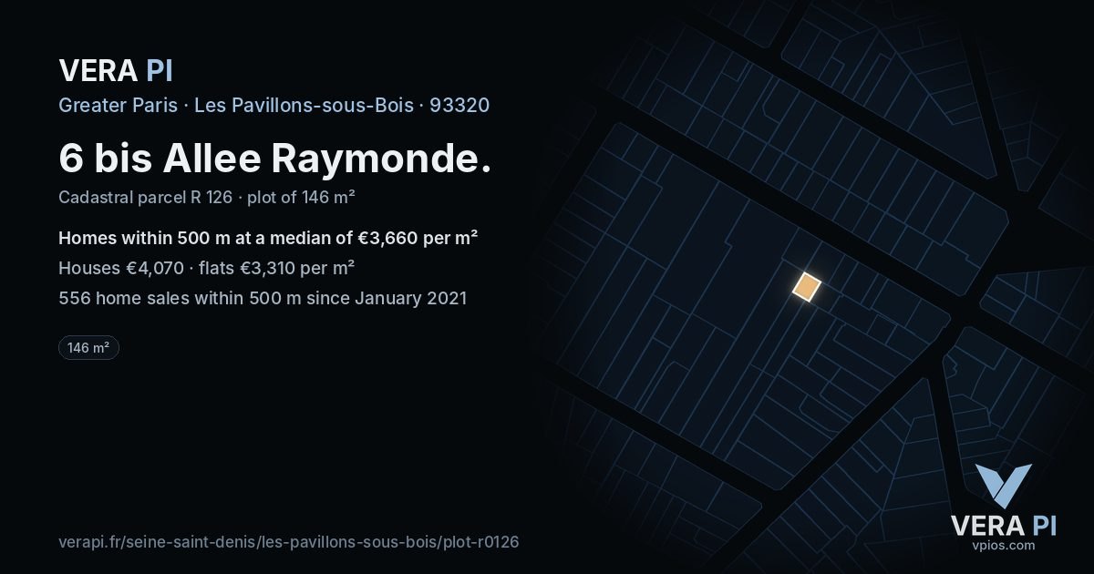 6 bis Allee Raymonde, Les Pavillons-sous-Bois at night – the plot lit, the parcels around coloured by the prices near them