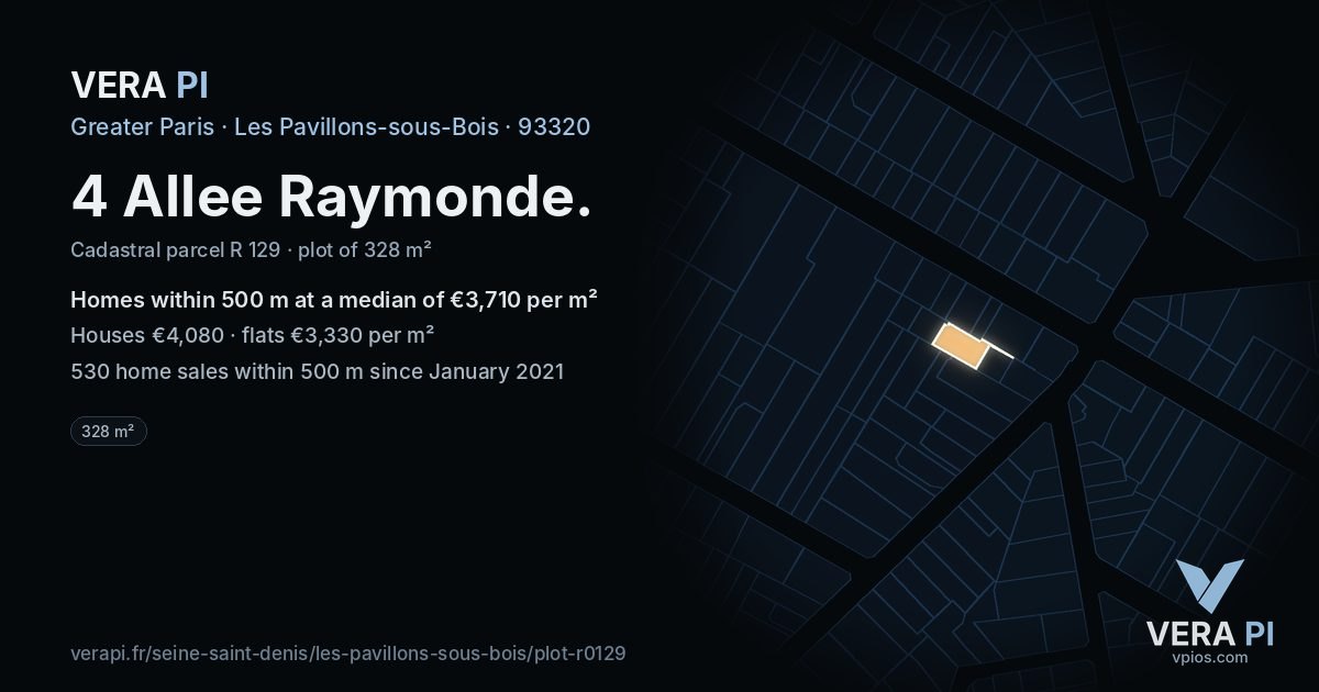 4 Allee Raymonde, Les Pavillons-sous-Bois at night – the plot lit, the parcels around coloured by the prices near them