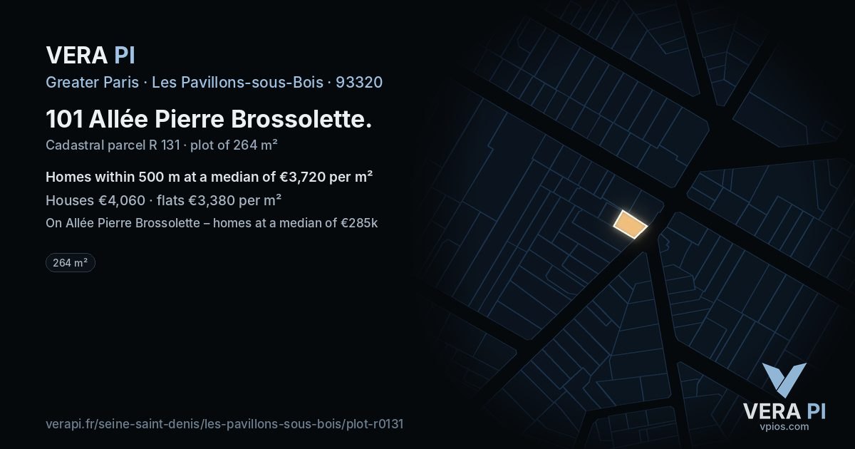 101 Allée Pierre Brossolette, Les Pavillons-sous-Bois at night – the plot lit, the parcels around coloured by the prices near them