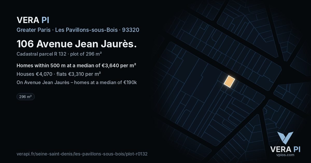 106 Avenue Jean Jaurès, Les Pavillons-sous-Bois at night – the plot lit, the parcels around coloured by the prices near them