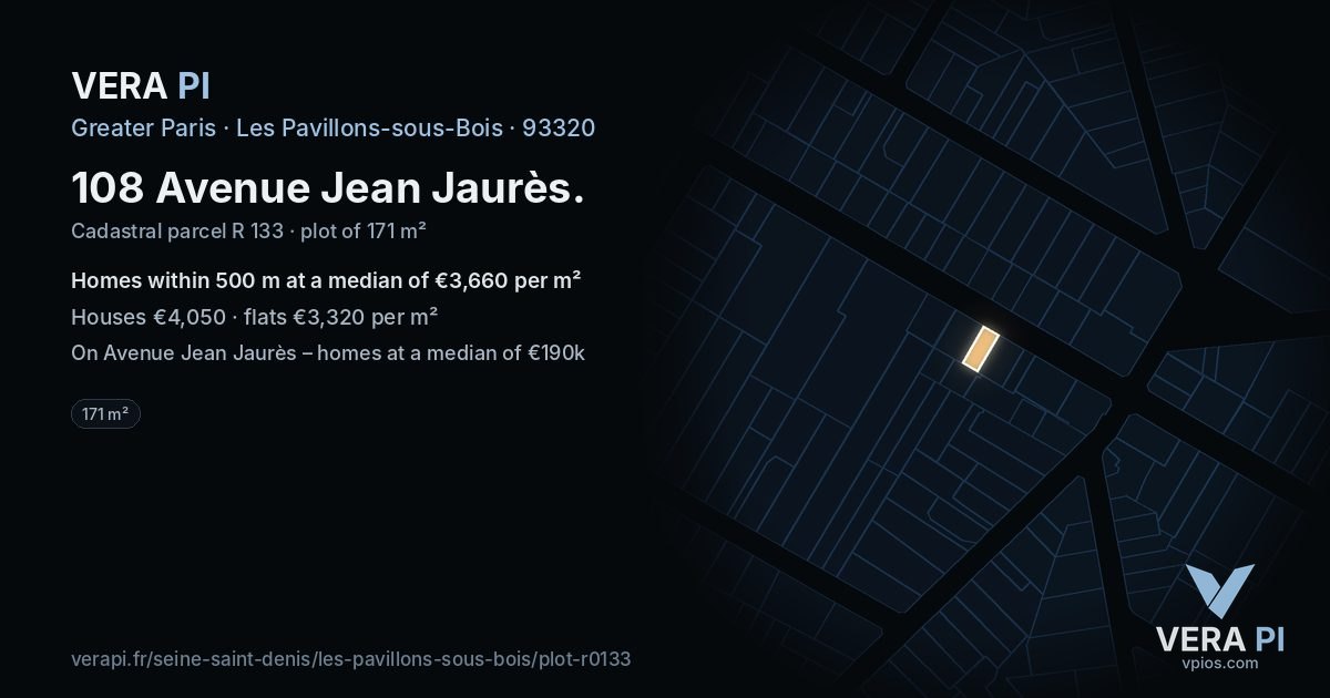 108 Avenue Jean Jaurès, Les Pavillons-sous-Bois at night – the plot lit, the parcels around coloured by the prices near them