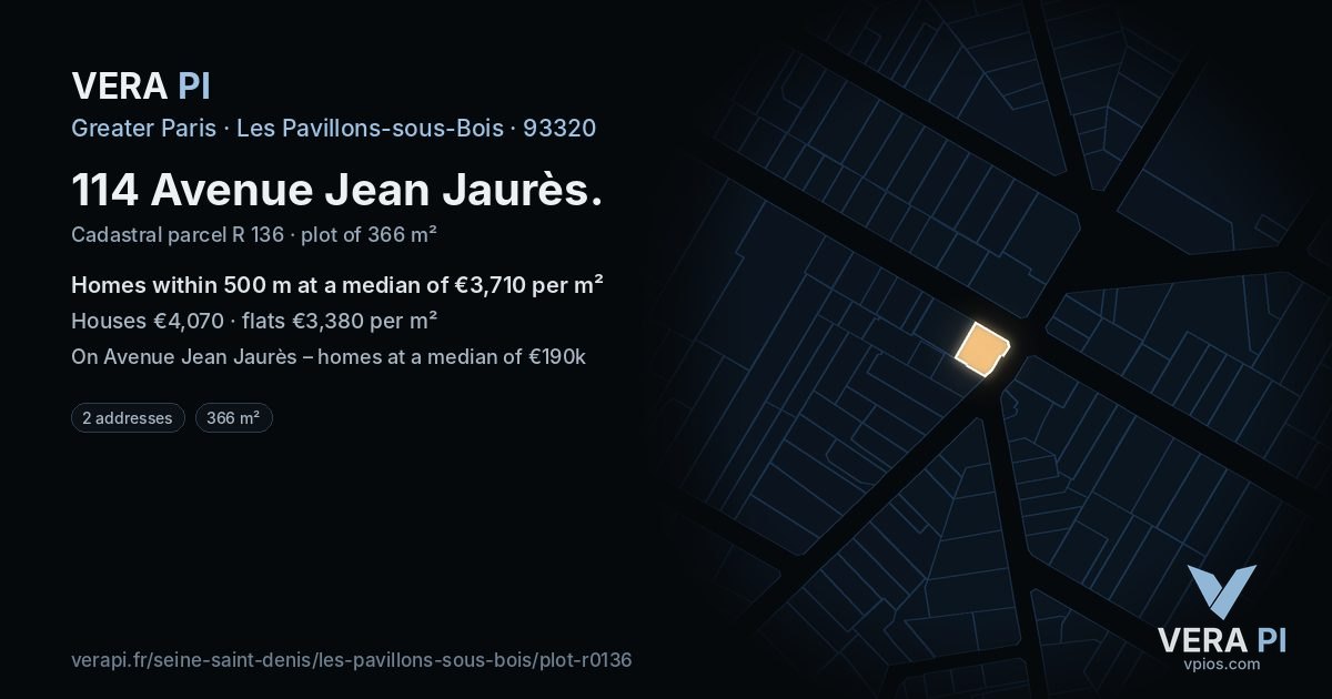114 Avenue Jean Jaurès, Les Pavillons-sous-Bois at night – the plot lit, the parcels around coloured by the prices near them