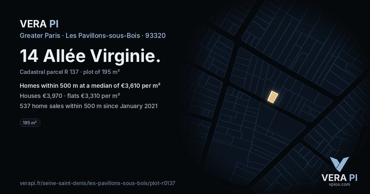 14 Allée Virginie, Les Pavillons-sous-Bois at night – the plot lit, the parcels around coloured by the prices near them