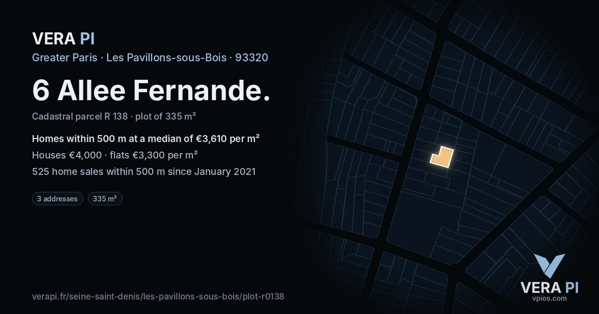 6 Allee Fernande, Les Pavillons-sous-Bois at night – the plot lit, the parcels around coloured by the prices near them