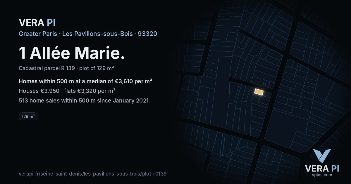 1 Allée Marie, Les Pavillons-sous-Bois at night – the plot lit, the parcels around coloured by the prices near them