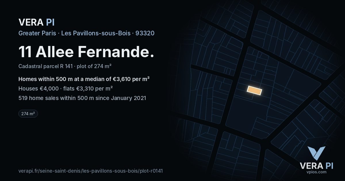 11 Allee Fernande, Les Pavillons-sous-Bois at night – the plot lit, the parcels around coloured by the prices near them