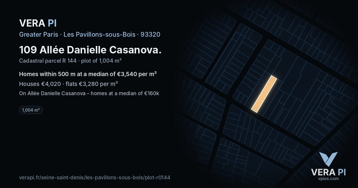 109 Allée Danielle Casanova, Les Pavillons-sous-Bois at night – the plot lit, the parcels around coloured by the prices near them