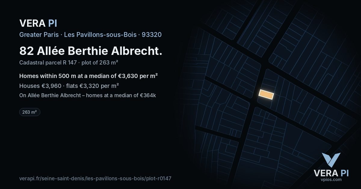 82 Allée Berthie Albrecht, Les Pavillons-sous-Bois at night – the plot lit, the parcels around coloured by the prices near them