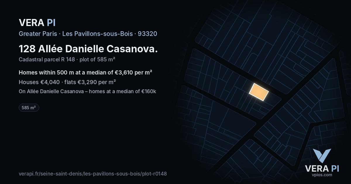 128 Allée Danielle Casanova, Les Pavillons-sous-Bois at night – the plot lit, the parcels around coloured by the prices near them