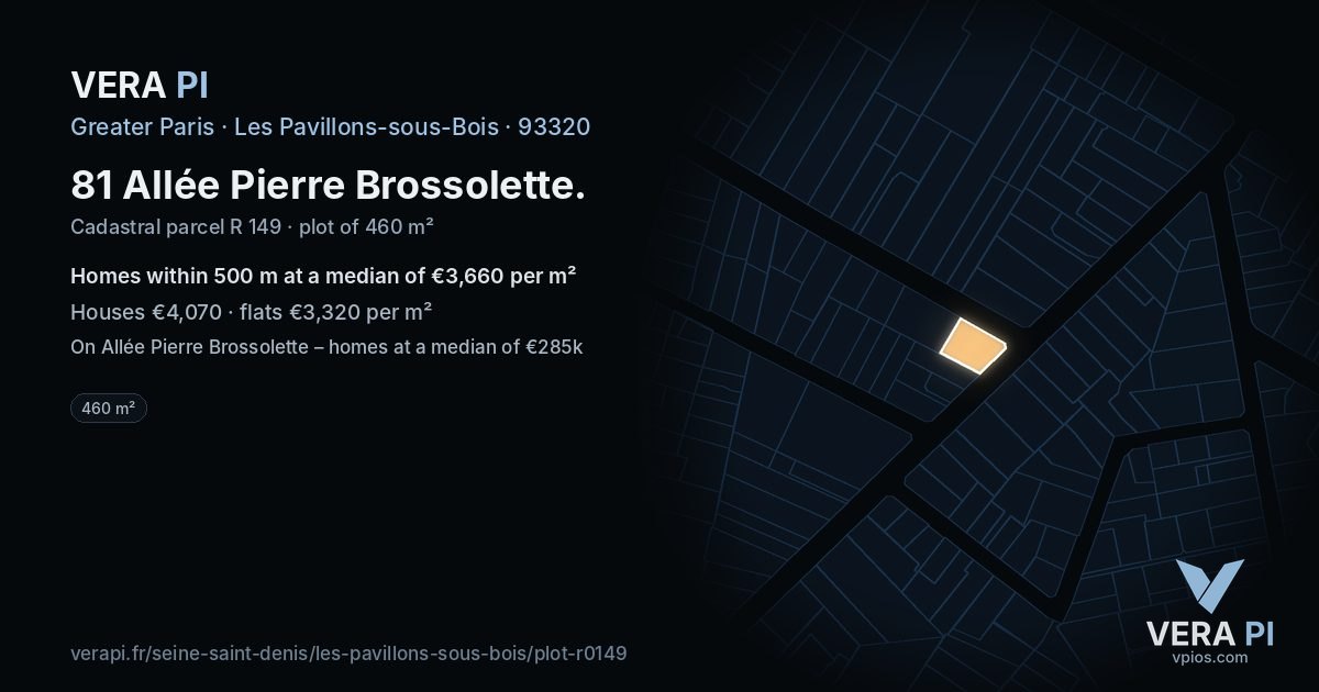 81 Allée Pierre Brossolette, Les Pavillons-sous-Bois at night – the plot lit, the parcels around coloured by the prices near them