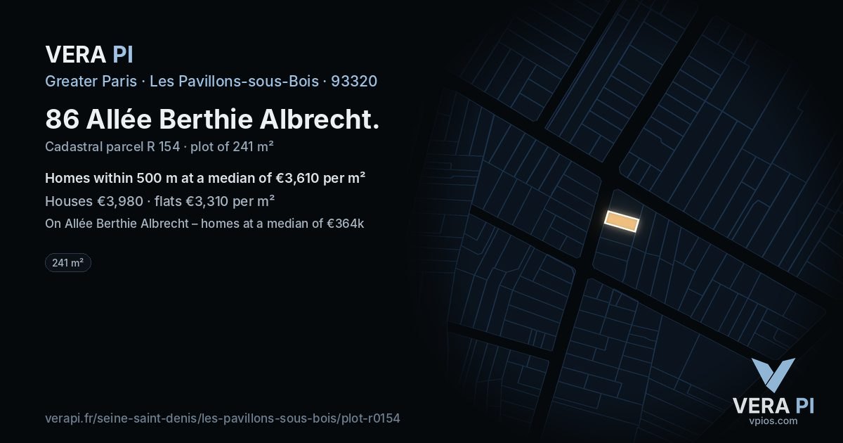 86 Allée Berthie Albrecht, Les Pavillons-sous-Bois at night – the plot lit, the parcels around coloured by the prices near them