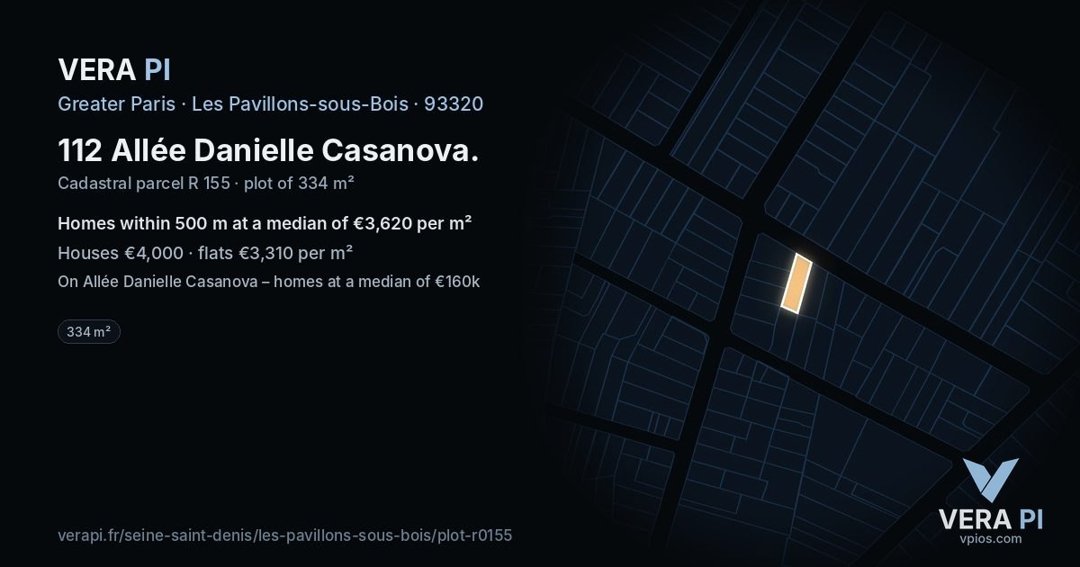 112 Allée Danielle Casanova, Les Pavillons-sous-Bois at night – the plot lit, the parcels around coloured by the prices near them