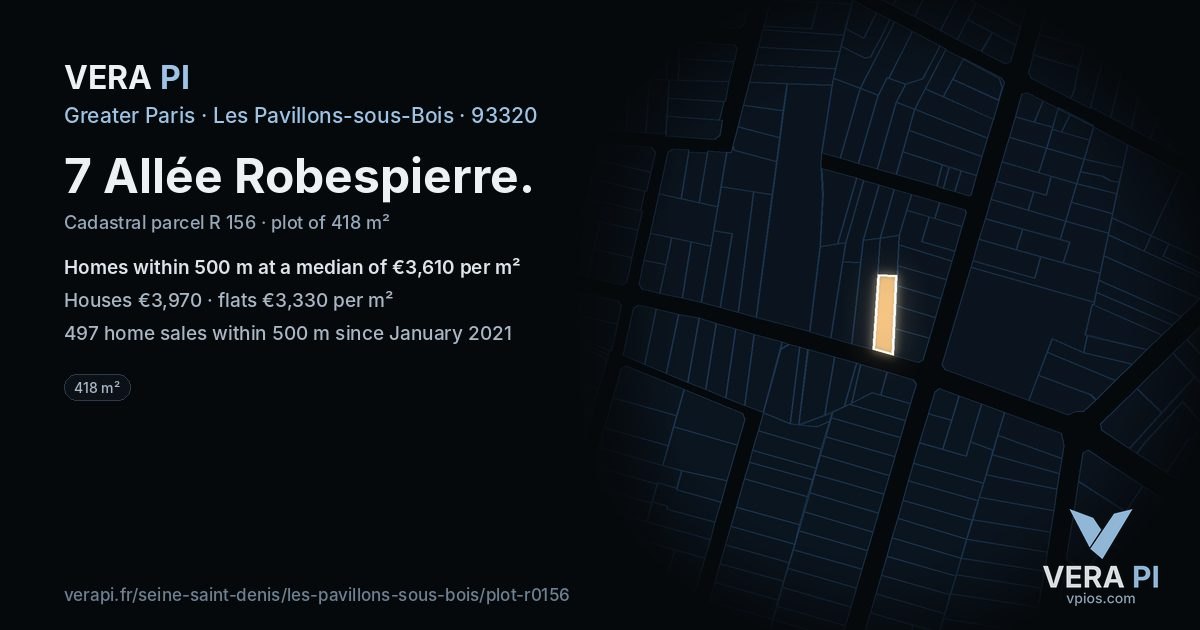 7 Allée Robespierre, Les Pavillons-sous-Bois at night – the plot lit, the parcels around coloured by the prices near them