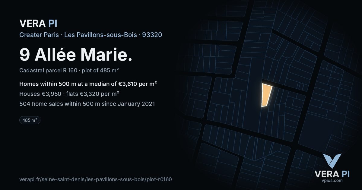 9 Allée Marie, Les Pavillons-sous-Bois at night – the plot lit, the parcels around coloured by the prices near them