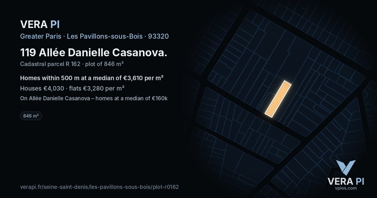 119 Allée Danielle Casanova, Les Pavillons-sous-Bois at night – the plot lit, the parcels around coloured by the prices near them