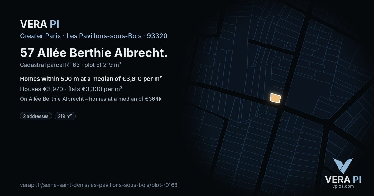 57 Allée Berthie Albrecht, Les Pavillons-sous-Bois at night – the plot lit, the parcels around coloured by the prices near them