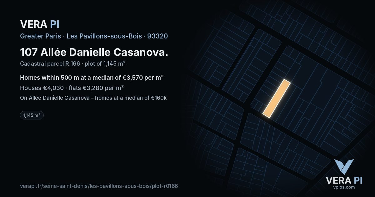 107 Allée Danielle Casanova, Les Pavillons-sous-Bois at night – the plot lit, the parcels around coloured by the prices near them