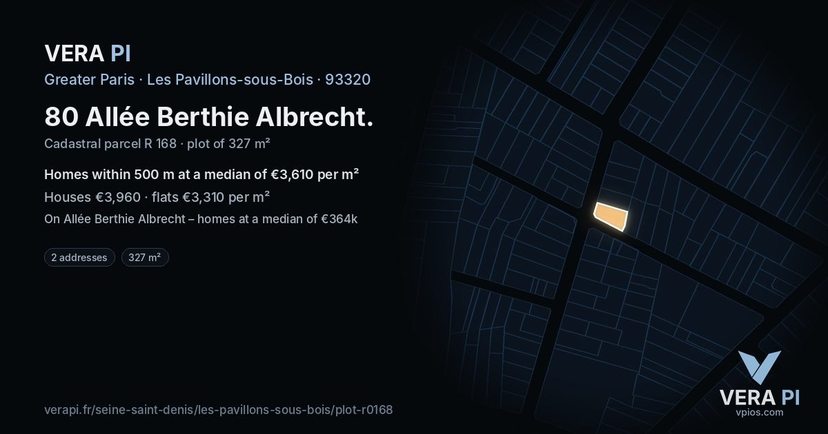 80 Allée Berthie Albrecht, Les Pavillons-sous-Bois at night – the plot lit, the parcels around coloured by the prices near them