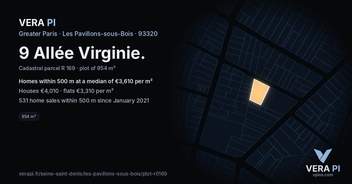 9 Allée Virginie, Les Pavillons-sous-Bois at night – the plot lit, the parcels around coloured by the prices near them