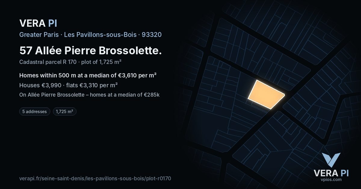 57 Allée Pierre Brossolette, Les Pavillons-sous-Bois at night – the plot lit, the parcels around coloured by the prices near them